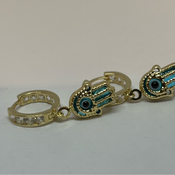 14k Yellow Gold Hamsa Dangle Huggie Earrings, - Picture 4 of 7